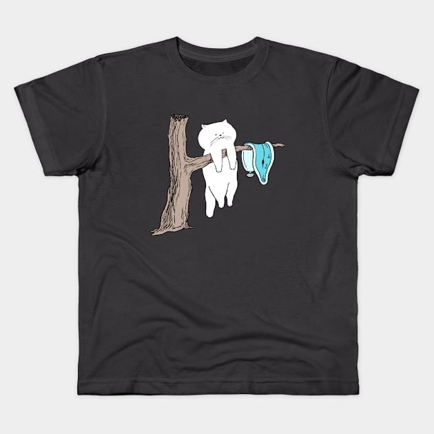 Cat and Melting Clock Kids T-Shirt by bignosework